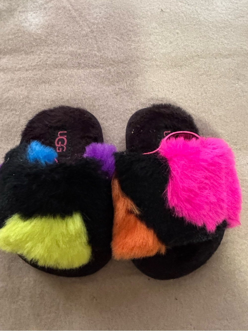 UGG Black Slide Sandals with Neon Multi-Color Fur Accents Sz 2-3